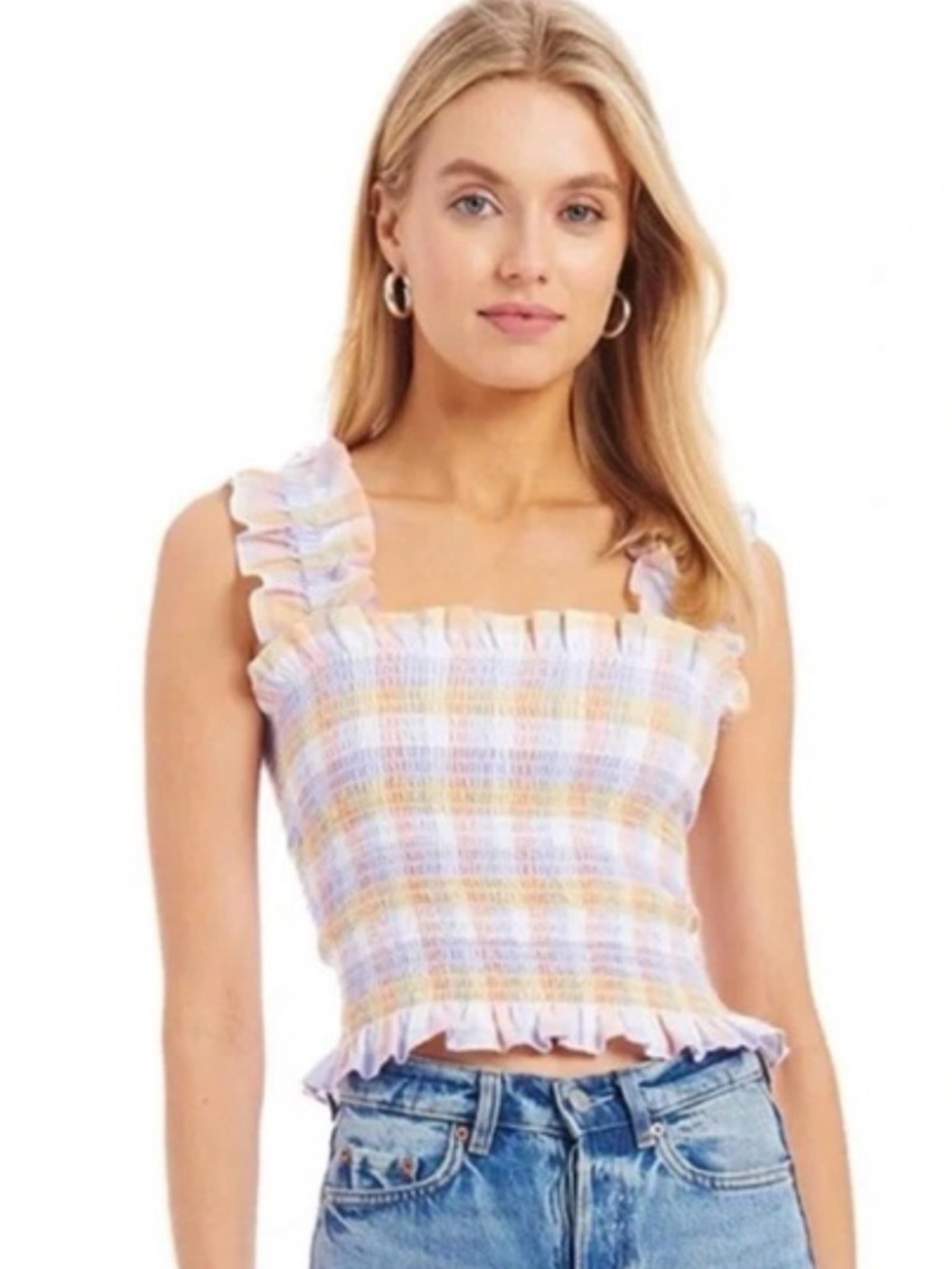 Amanda Uprichard Pastel Plaid Smocked Ruffle Crop Top